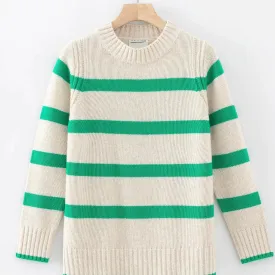 Aleger Cashmere Wide Stripe Crew Neck Sweater in Shelly and Kelly Green