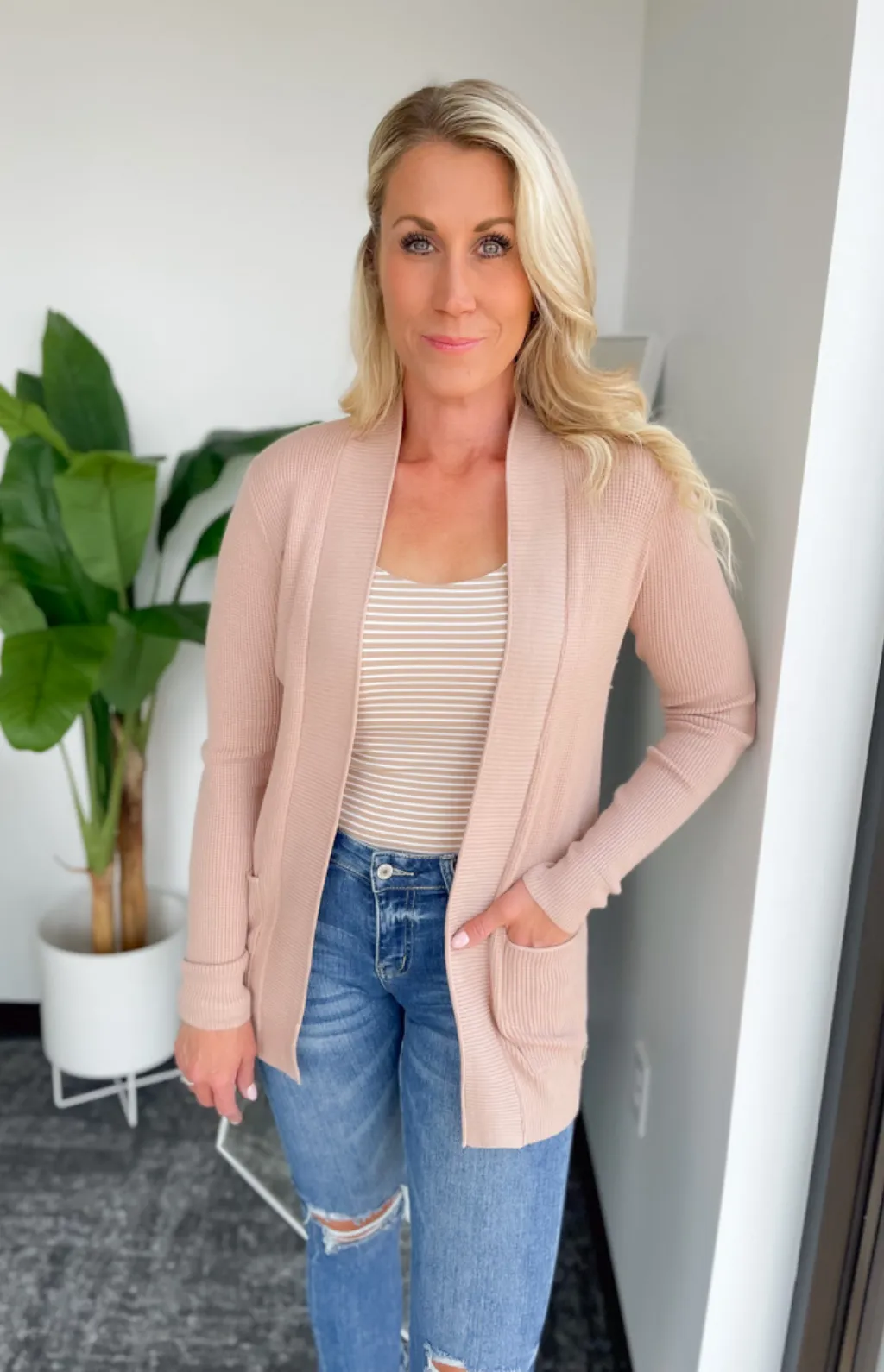 Alexa Waffle Knit Open Front Cardigan