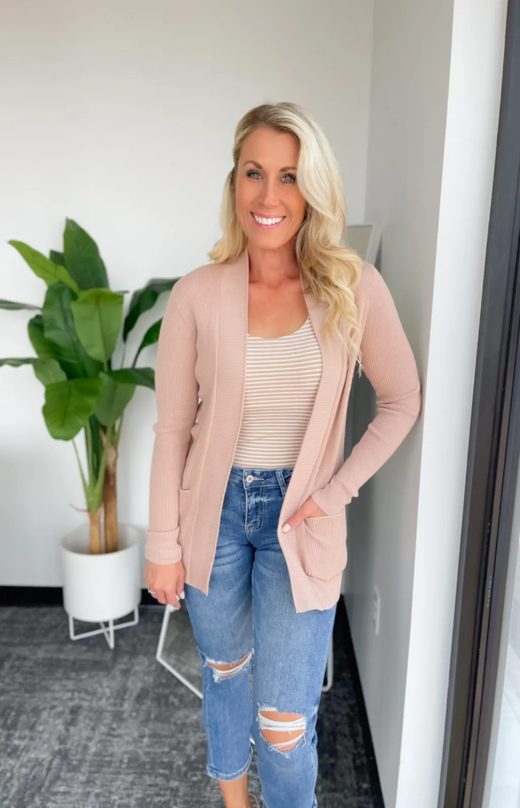 Alexa Waffle Knit Open Front Cardigan