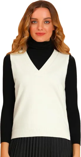 Allegra K Women's V Neck Sweater Vest Knit Pullover Sleeveless Sweater Top