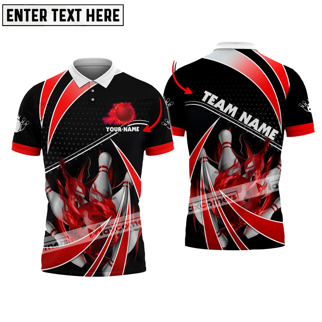 Bowling Ball & Pins Fire Light Sport Jersey Multicolor Option Customized Name, Team Name 3D Polo Shirt
