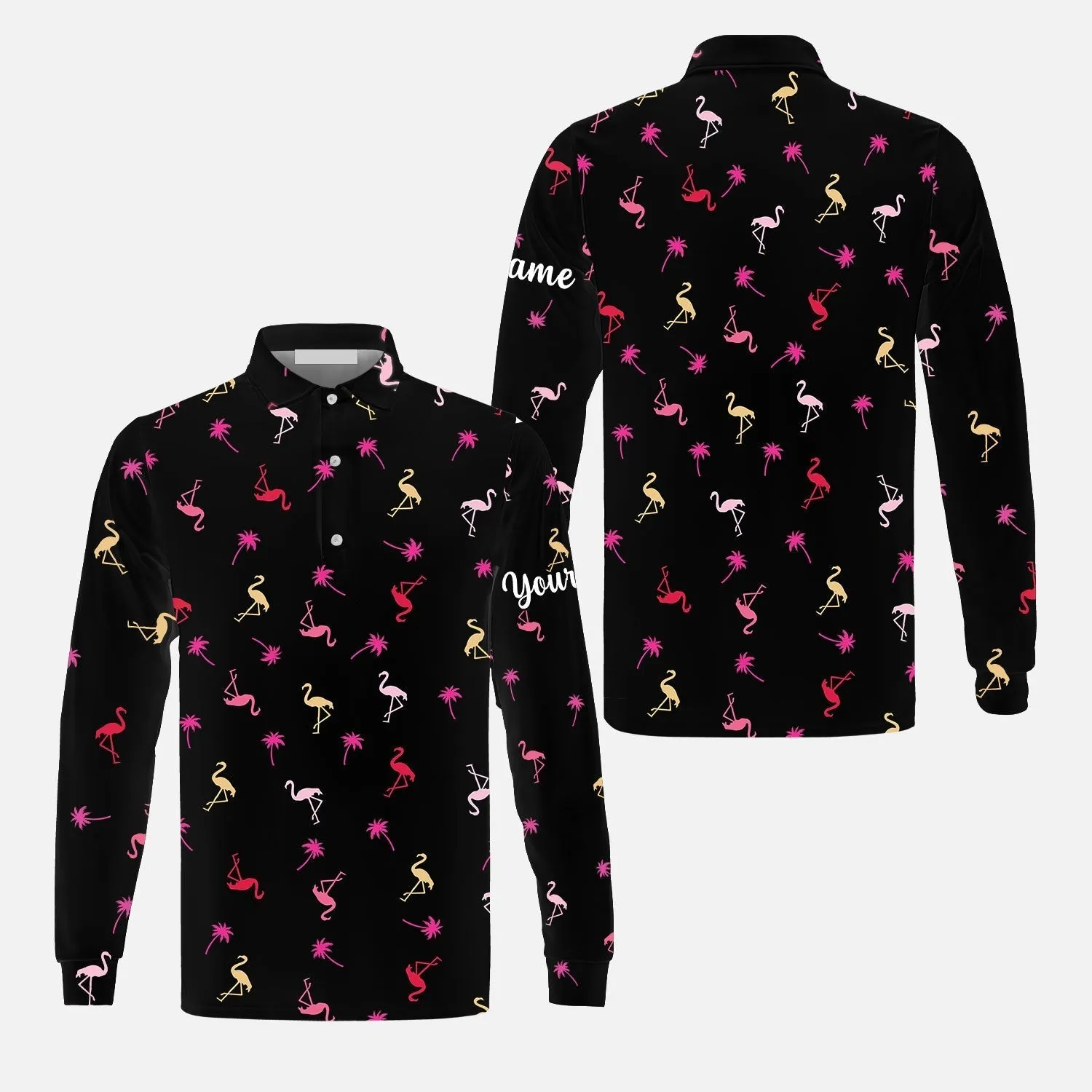 Custom Name Neon Pink Flamingos Palm Pattern Apparel Long Sleeve Shirt, Idea Gift For Golf Lover