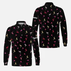 Custom Name Neon Pink Flamingos Palm Pattern Apparel Long Sleeve Shirt, Idea Gift For Golf Lover