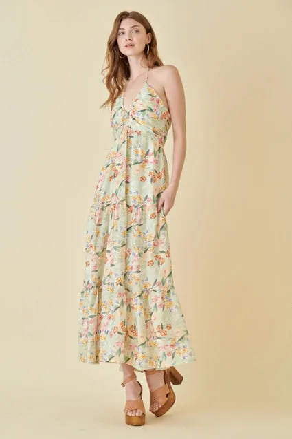 Fore- Watercolor Halter Floral Maxi Sundress