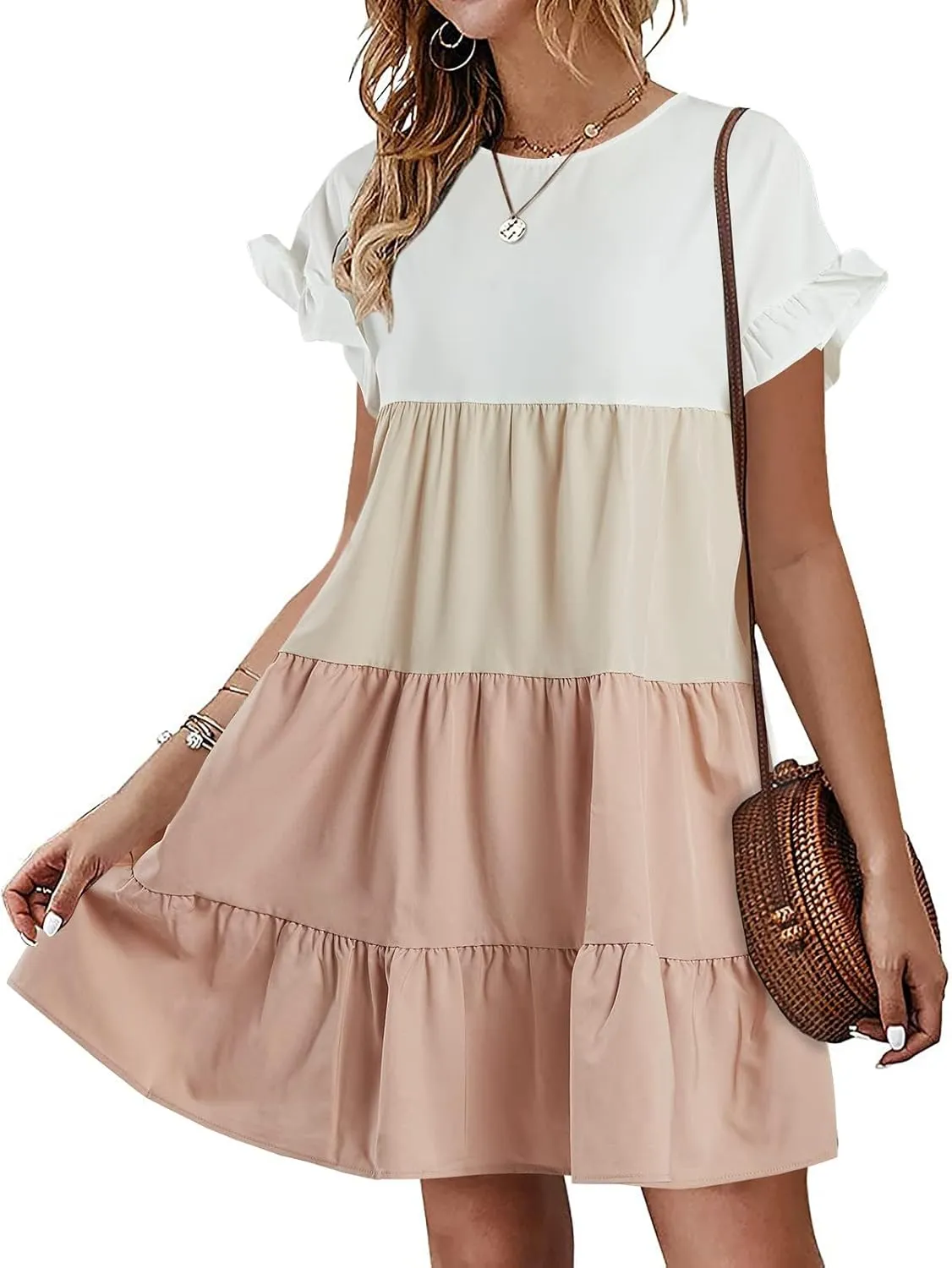 Imysty Womens Boho Floral Ruffle Sleeve Babydoll Loose Flowy Casual Summer Pleated Mini Dress