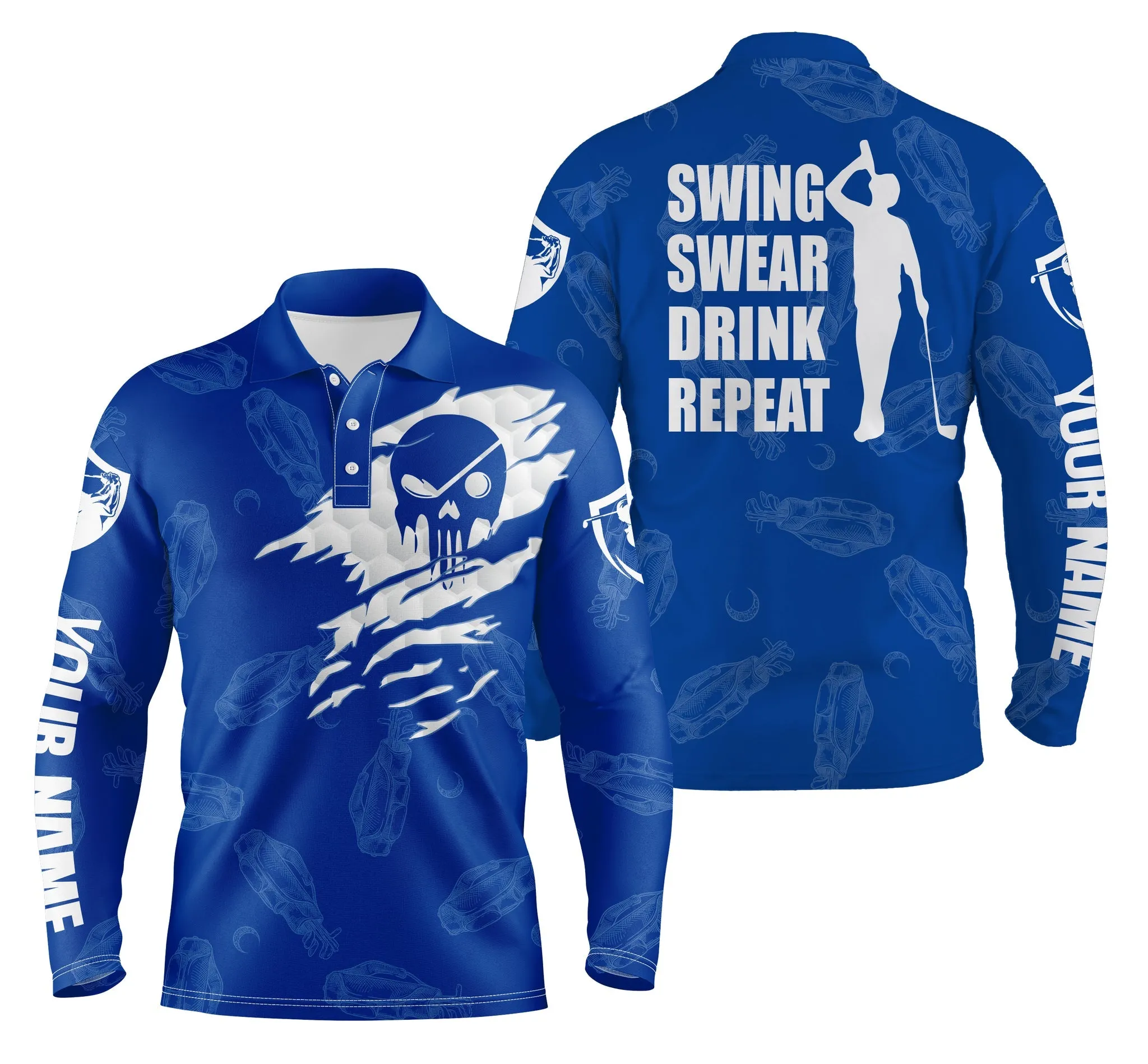 Mens Golf Long Sleeve Polo Shirt Swing Swear Drink Repeat Custom Name Black Golf Clubs Pattern Shirt