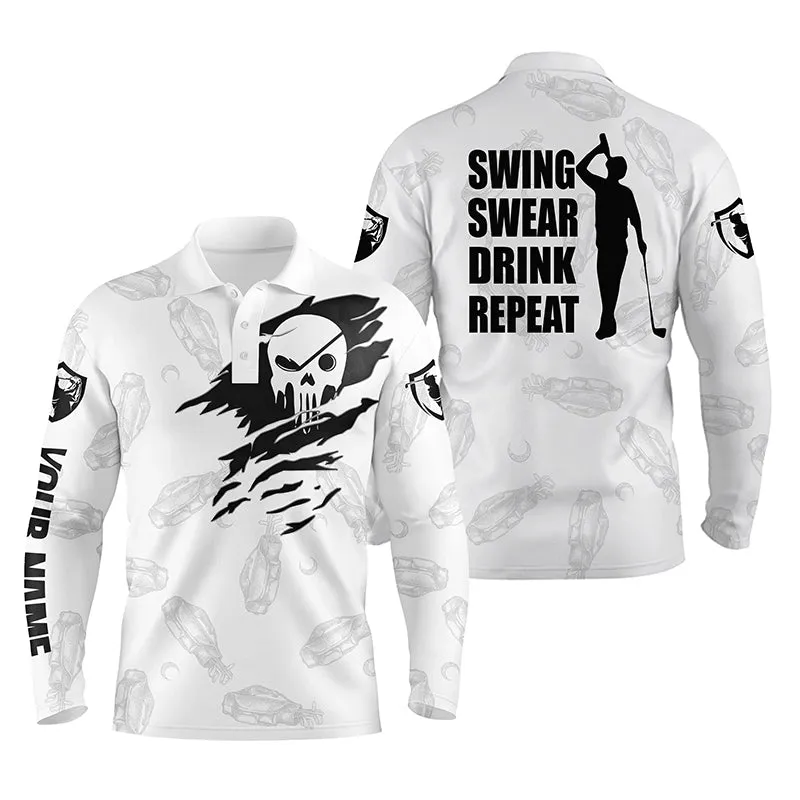 Mens Golf Long Sleeve Polo Shirt Swing Swear Drink Repeat Custom Name Black Golf Clubs Pattern Shirt