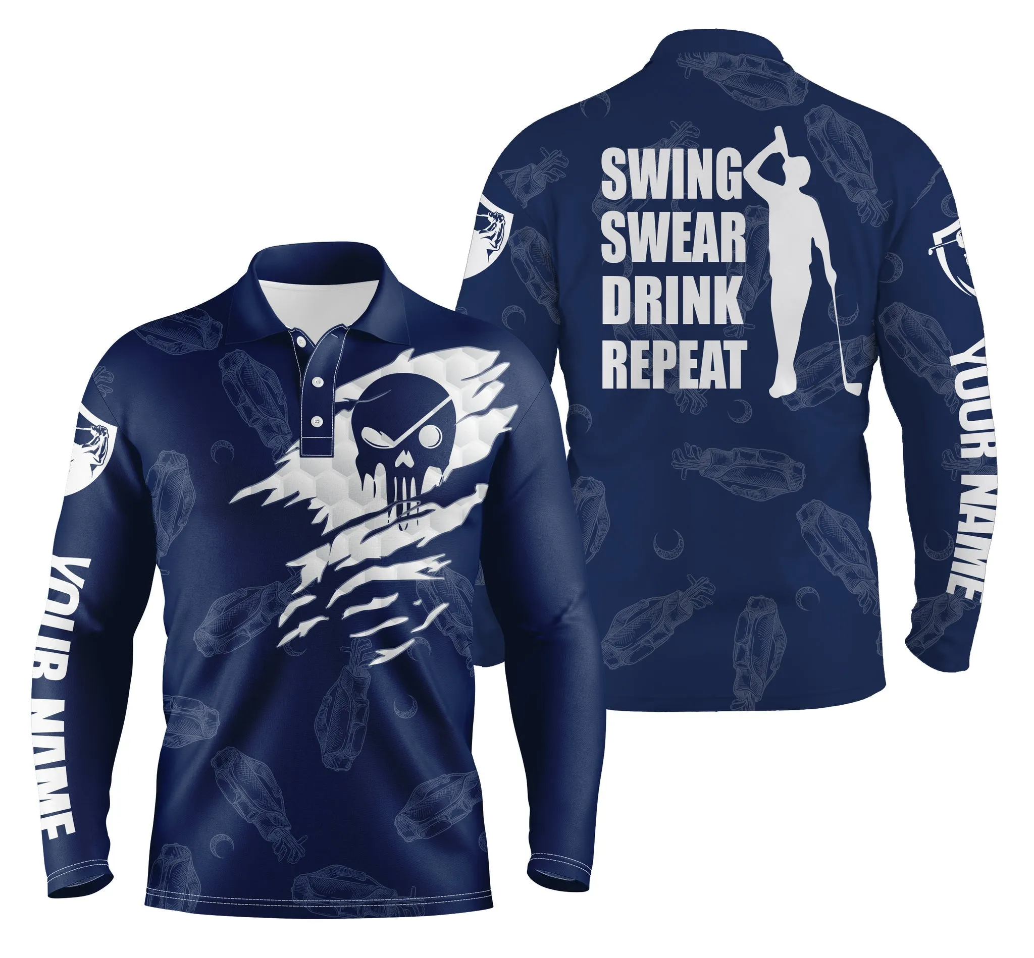 Mens Golf Long Sleeve Polo Shirt Swing Swear Drink Repeat Custom Name Black Golf Clubs Pattern Shirt