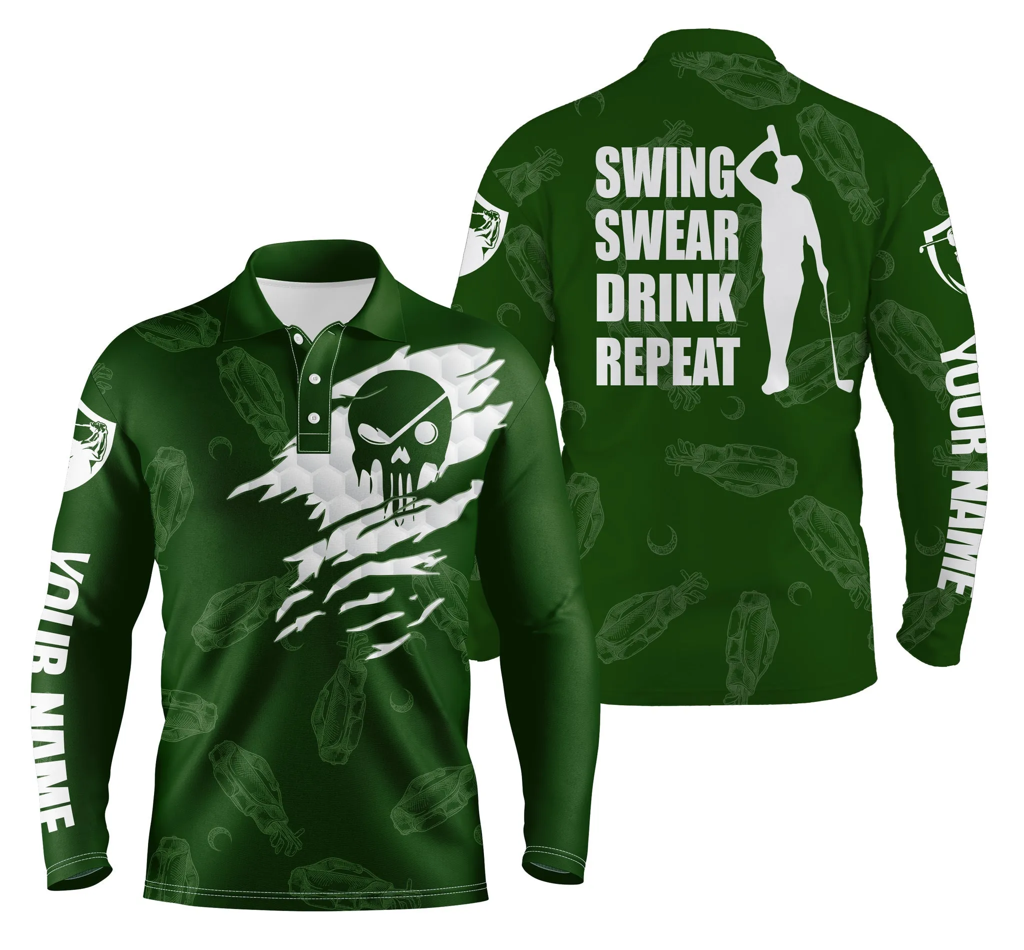Mens Golf Long Sleeve Polo Shirt Swing Swear Drink Repeat Custom Name Black Golf Clubs Pattern Shirt