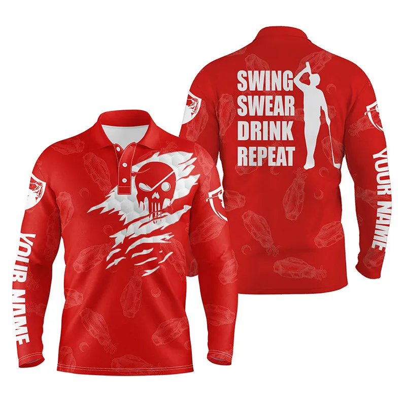 Mens Golf Long Sleeve Polo Shirt Swing Swear Drink Repeat Custom Name Black Golf Clubs Pattern Shirt