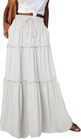 Skirts for Women Summer Flowy Tiered Elastic High Waisted Skirt Vacation Swing Long Solid/Floral Maxi Skirts