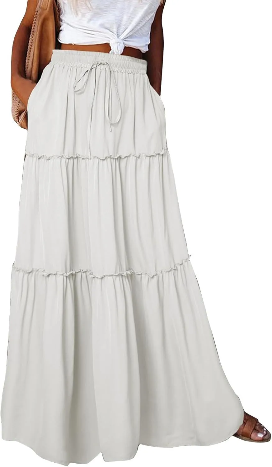 Skirts for Women Summer Flowy Tiered Elastic High Waisted Skirt Vacation Swing Long Solid/Floral Maxi Skirts