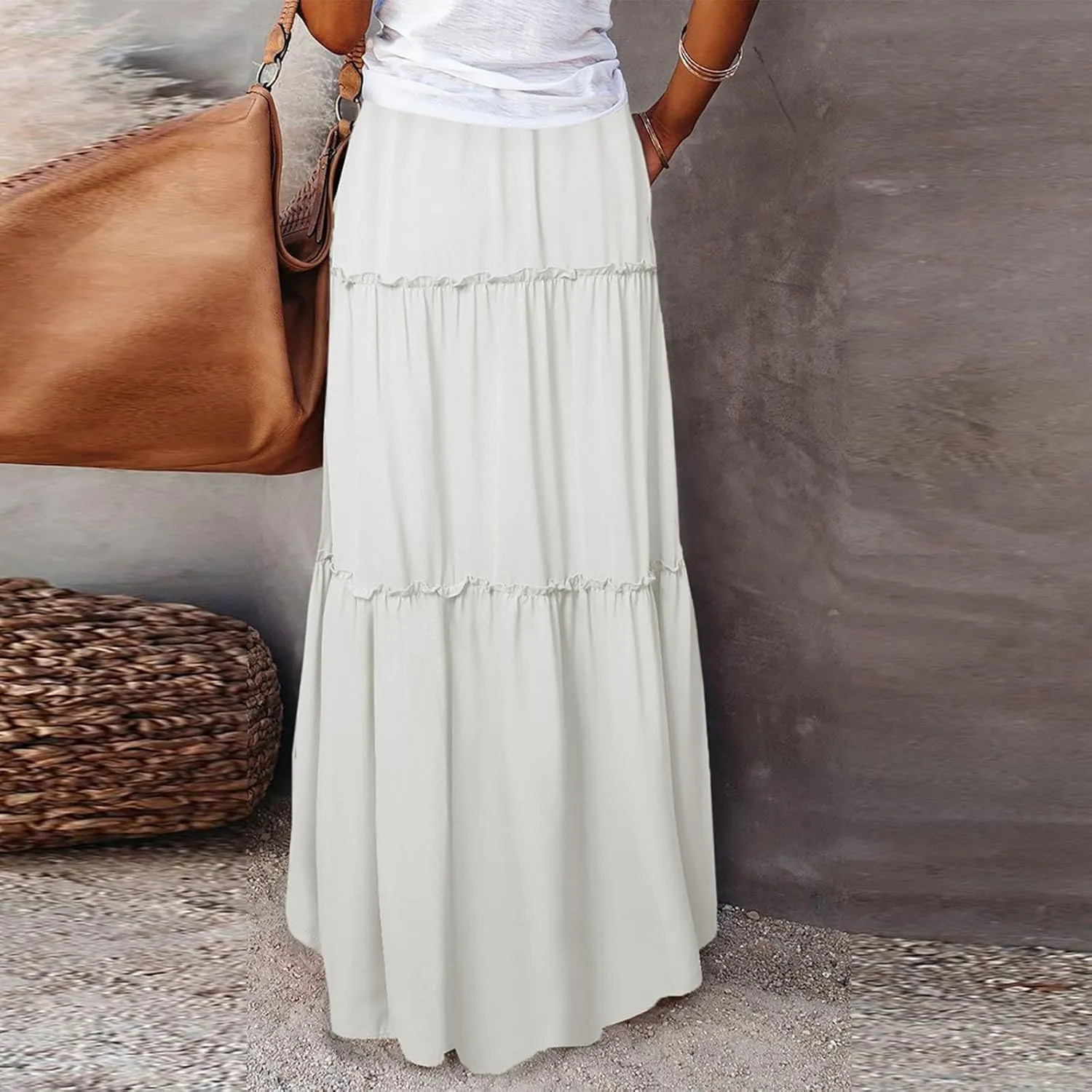 Skirts for Women Summer Flowy Tiered Elastic High Waisted Skirt Vacation Swing Long Solid/Floral Maxi Skirts