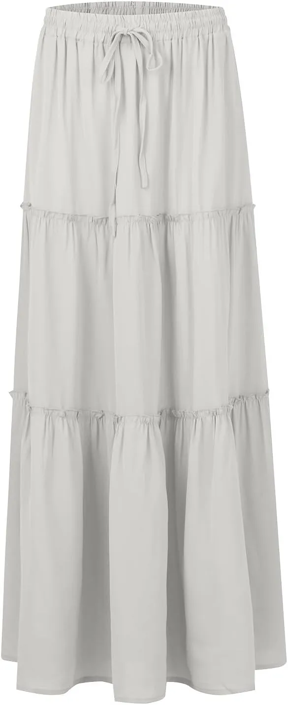 Skirts for Women Summer Flowy Tiered Elastic High Waisted Skirt Vacation Swing Long Solid/Floral Maxi Skirts