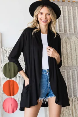 SOLID MID SLEEVE RUFFLE CARDIGAN