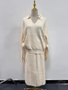Solid Two Piece Set For Women V Neck Long Sleeve Top High Waist Irregular Skirt Minimalist Sets Female Fashion New