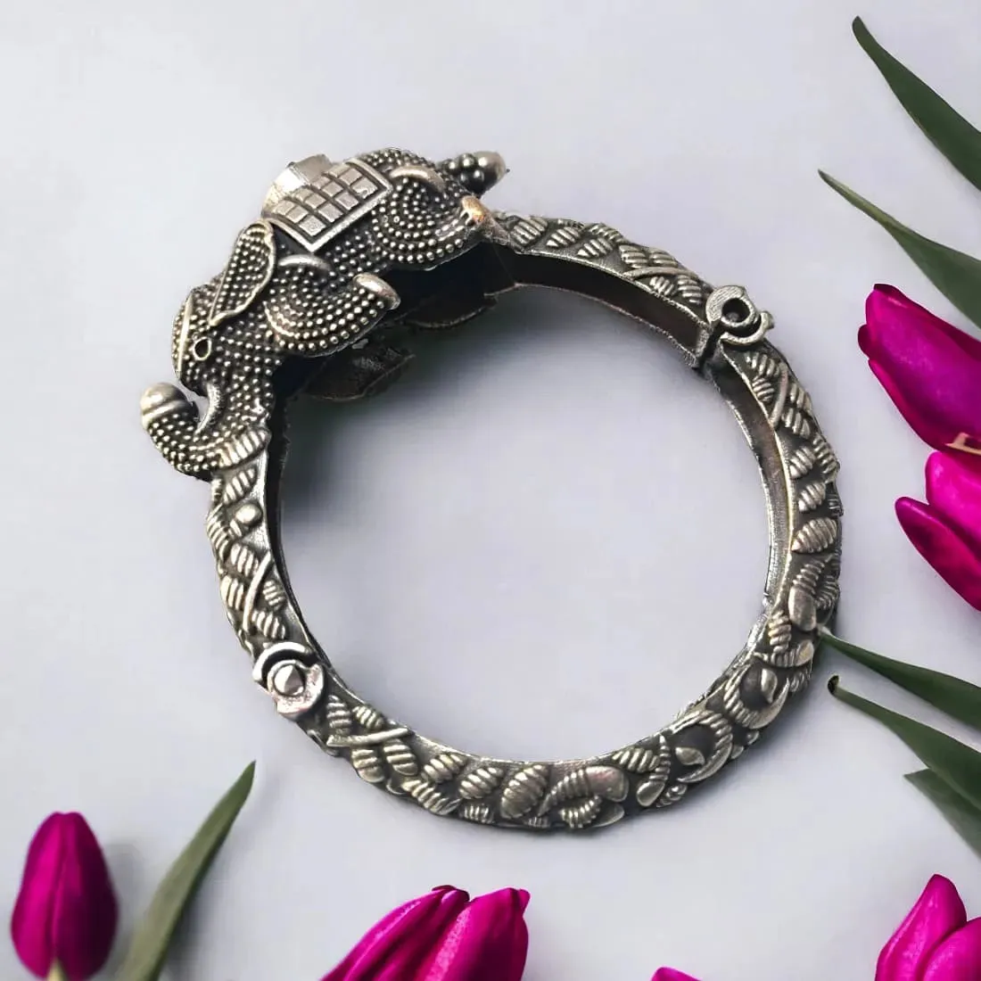 Vintage Elephant Silver Lookalike Kada Bangle, Pink