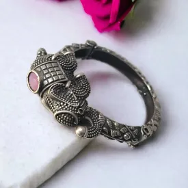 Vintage Elephant Silver Lookalike Kada Bangle, Pink