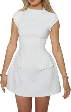 Women Cap Sleeve Mini Dress Mock Neck High Waist Short Aline Dress Flap Pocket Warp Bodycon Dress Commuting