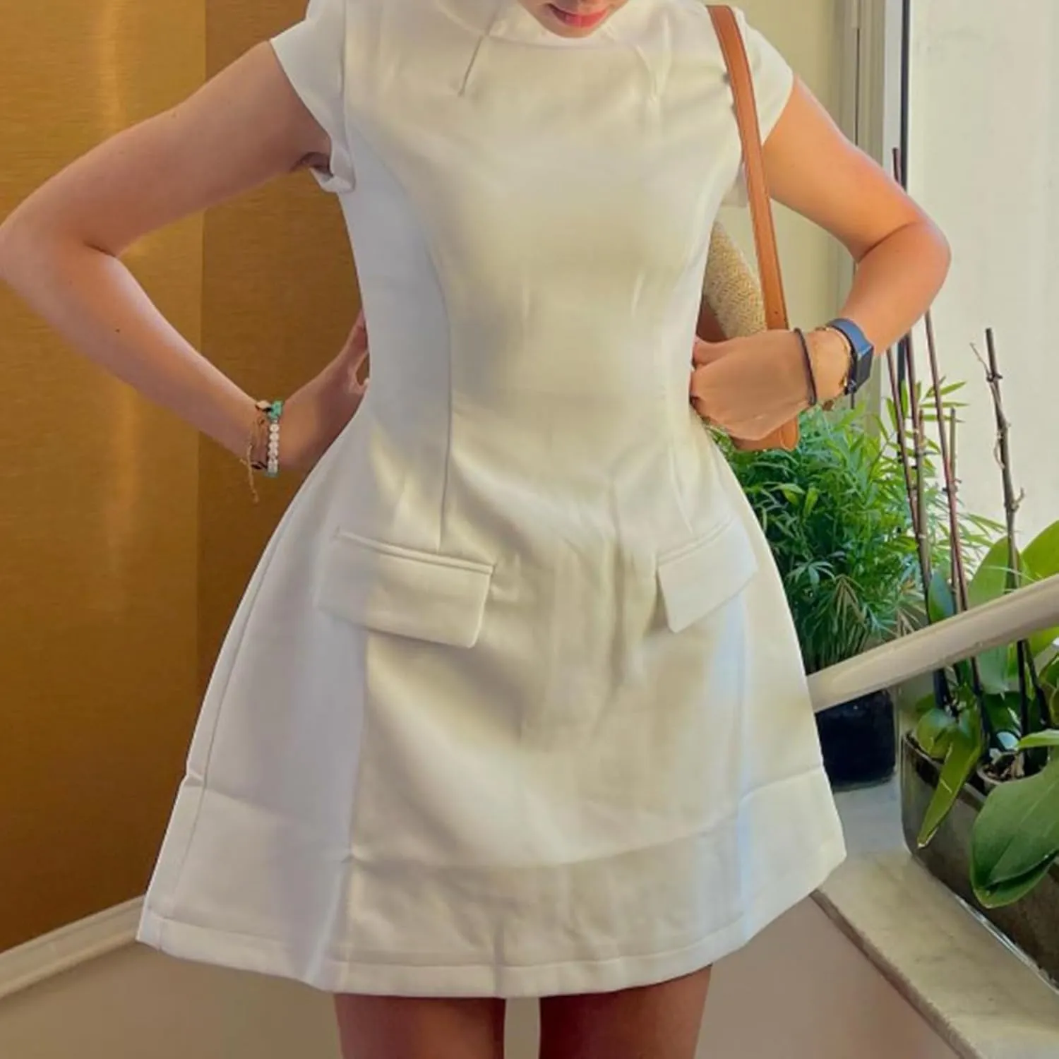 Women Cap Sleeve Mini Dress Mock Neck High Waist Short Aline Dress Flap Pocket Warp Bodycon Dress Commuting
