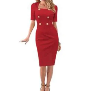 Women Half Sleeves Decorated Buttons Pencil Style Dress - KMWD183