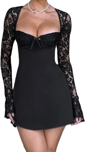 Women Lace Dress Elegant Long Sleeve Lace Patchwork Low Cut Mini Dress Backless Tie up Going Out Dress