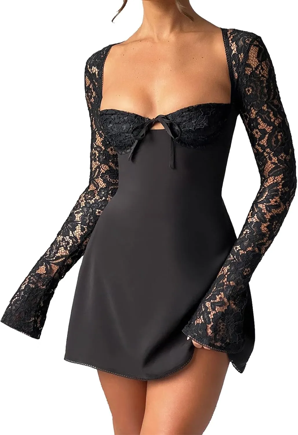 Women Lace Dress Elegant Long Sleeve Lace Patchwork Low Cut Mini Dress Backless Tie up Going Out Dress