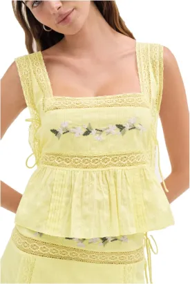 Women Lace Trim Tie Side Vest Tops Y2K Cute Sleeveless Square Neck Floral Embroidered Crop Tank Tops