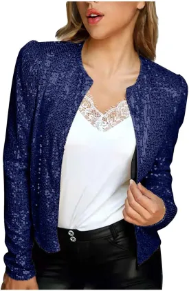 Womens Sequin Jackets Open Front Long Sleeve Coat Collarless Glitter Sparkly Short Blazer Evening Party Clothes