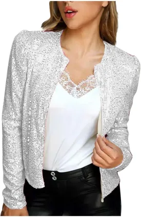 Womens Sequin Jackets Open Front Long Sleeve Coat Collarless Glitter Sparkly Short Blazer Evening Party Clothes