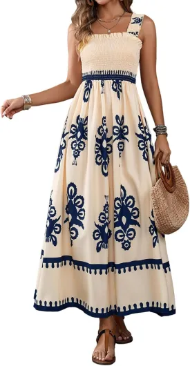 Womens Square Neck Boho Maxi Dress Casual Long Spring Summer Dresses Sundresses for Women Beach Vacation 2025