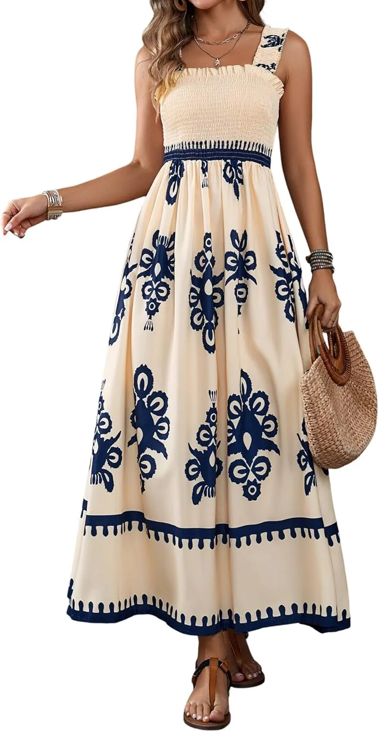 Womens Square Neck Boho Maxi Dress Casual Long Spring Summer Dresses Sundresses for Women Beach Vacation 2025