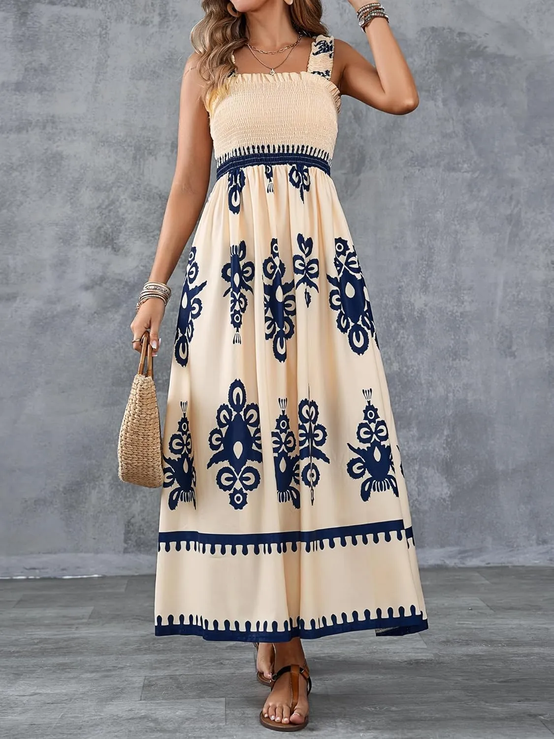 Womens Square Neck Boho Maxi Dress Casual Long Spring Summer Dresses Sundresses for Women Beach Vacation 2025